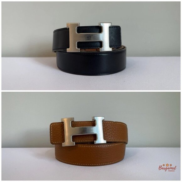 Authentic HERMES Black/Brown Leather H Silver Reversible Buckle Belt L 90 6/8